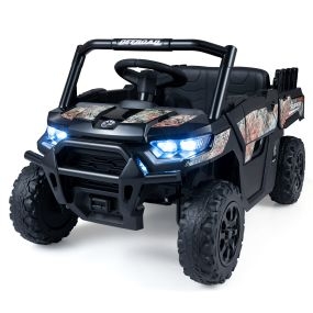 Coche Eléctrico Infantil 12V Doble Motor Cinturón Dos Puntos Luces LED Bluetooth Caja Trasera Diseño Camuflaje 99 x 54 x 52 cm Negro