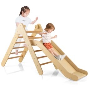 Juego de Escalada Triangular 2 en 1 con Tobogán Ajustable Juguete Escalador de Madera para Interior y Exterior para Niños 1+ Año Natural