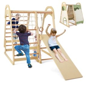 Gimnasio de Jungla Interior 6 en 1 de Madera con Tobogán Barras Anillas Red Escalera Tienda para Niños 1+ Años Natural