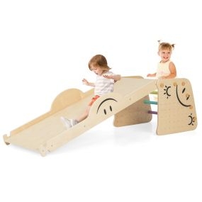 6 en 1 Juego de Escalador de Madera con Rampa Reversible Balancín Taburete de Altura Ajustable Escalera de Escalada para Niños Multicolor