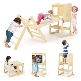 Juego de 7 en 1 Escalador Plegable para Niños de 3-14 Años con Rampa Reversible Taburete Convertible y Pizarra Divertida Natural