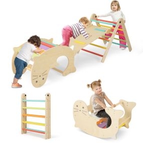 Set de 7 en 1 Escalada de Madera Plegable para Niños de 3-14 Años con Rampa Reversible Balancín Escalador de Leones Marinos Multicolor