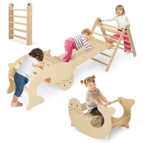 Set de 7 en 1 Escalada de Madera Plegable para Niños de 3-14 Años con Rampa Reversible Balancín Escalador de Leones Marinos Natural