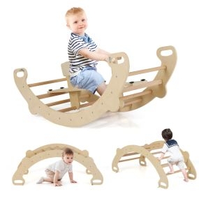 Caballo Balancín Escalador de Madera con Arco de Escalada Mecedora y Túnel para Gatear con Asiento para 1 a 5 Años 112 x 52 x 44 cm Natural