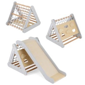 Juguete de Escalada para Niños 4 en 1 Escalador Triangular con Tablero Deslizante Red de Escalada Juego de Madera para Interior Gris