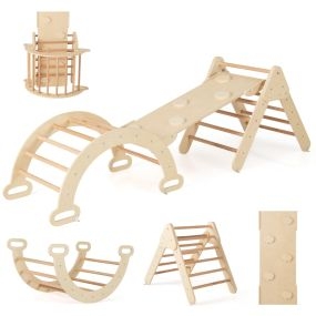 7 en 1 Triángulo de Escalada de Madera para Niños con Triángulo Arco Rampa para Deslizarse o Escalar para Niños 1+ Año Natural