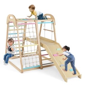 Gimnasio 8 en 1 Escalada Montessori Madera con Tobogán Barra Columpio Escalera Cuerda Plataforma y Red para Interior Exterior Niños 3-5 Años
