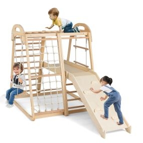 Gimnasio 8 en 1 Escalada Montessori Madera con Tobogán Barra Columpio Escalera Cuerda Plataforma y Red para Interior Exterior Natural
