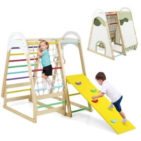 Gimnasio de Jungla Interior 6 en 1 de Madera con Tobogán Barras Anillas Red Escalera Tienda para Niños 1+ Años Multicolor