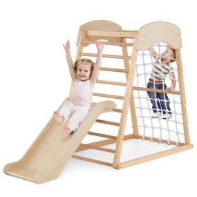 6 en 1 Triángulo de Escalada de Madera para Niños con Rampa De Doble Cara Barras Red para Escalar para 1+ Años-Natural