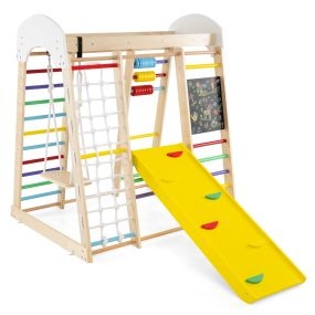 Set Escalada 7 en 1 para Niños Centro Actividad de Madera con Rocas de Escalar y Escalera Red de Escalada y Columpio para Niños 3+ Años Multicolor