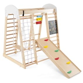Set Escalada 7 en 1 para Niños Centro Actividad de Madera con Rocas de Escalar y Escalera Red de Escalada y Columpio para Niños 3+ Años Natural