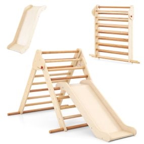 Set de Escalador Triangular Plegable con Resbaladilla y Barras de Madera de Haya Gimnasio Interior para Niños Juguete Montessori Natural
