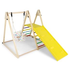 Gimnasio de Jungla 4 en 1 Interior con Columpio Plataforma Descanso Rampa Escalera Juguete Montessori Madera 1+ Años Amarillo
