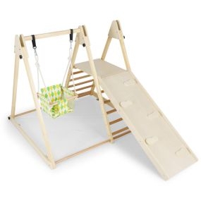 Gimnasio de Jungla 4 en 1 Interior con Columpio Plataforma Descanso Rampa Escalera Juguete Montessori Madera 1+ Años Natural