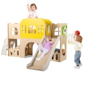 Juego de escalada y tobogán con escalera, aro de baloncesto, túnel y balón para niños 169 x 125 x 98 cm multicolor