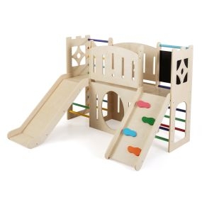 Torre de juego infantil de madera multifuncional con tobogán, escalera y pizarrón, multicolor, 142 x 124,5 x 100 cm, 150 kg, 3+ años