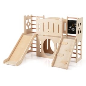 Parque infantil 8 en 1 de madera con temática castillo, escalador, escaleras, almacenamiento, pizarrón y túnel para interior, niños 3+ años