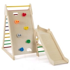 Set Escalada Interior 3 en 1 con Tobogán Pared Escalada y Escalera Madera para Habitación Guardería o Sala Juegos Niños 3+ Años Multicolor