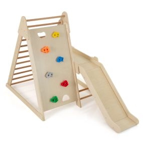 Set Escalada Interior 3 en 1 con Tobogán Pared Escalada y Escalera Madera para Habitación Guardería o Sala Juegos Niños 3+ Años Natural