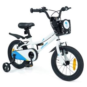 Bicicleta Infantil 14'' para 3-5 Años Ruedas Estabilizadoras Desmontables Frenos Mano/V Asiento Manillar Ajustables Cesta Campana Blanco