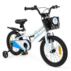 Bicicleta Infantil 16'' para 4-7Años Ruedas Estabilizadoras Desmontables Frenos Mano/V Asiento Manillar Ajustables Cesta Campana Blanco