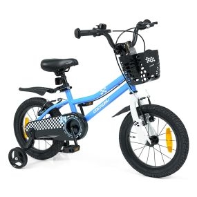 Bicicleta Infantil 14'' para 3-5 Años Ruedas Estabilizadoras Desmontables Frenos Mano/V Asiento Manillar Ajustables Cesta Campana Azul