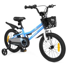 Bicicleta Infantil 16'' para 4-7Años Ruedas Estabilizadoras Desmontables Frenos Mano/V Asiento Manillar Ajustables Cesta Campana Azul