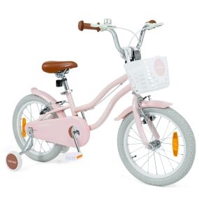 Bicicleta Infantil para Niña 14'' 4-7Años Ruedas Estabilizadoras Desmontables Frenos Mano/V Asiento Manillar Ajustables Cesta Campana Rosa