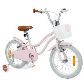 Bicicleta Infantil Niña 16'' 4-7 Años Ruedas Estabilizadoras Desmontables Frenos Mano/V Asiento Manillar Ajustables Cesta Campana Rosa
