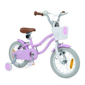 Bicicleta Infantil Niña 14'' 3-5 Años Ruedas Estabilizadoras Desmontables Frenos Mano/V Asiento Manillar Ajustables Cesta Campana Violeta