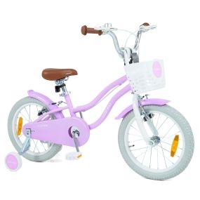 Bicicleta Infantil Niña 16'' 4-7 Años Ruedas Estabilizadoras Desmontables Frenos Mano/V Asiento Manillar Ajustables Cesta Campana Violeta