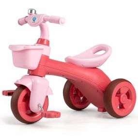 Triciclo para Niños con Dirección Limitada Asiento Ergonómico Cestas Delanteras y Traseras y Timbre para 3-5 Años Rosa