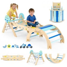 Set de Escalada Triangular Gimnasio Plegable con Arco Rampa y Escalador Juguete de Madera para Bebés Juguete Montessori para Niños Azul