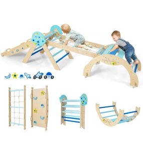 Conjunto Triángulo Juguetes Plegables para Escalar Bebés 8 en 1 Set Montessori de Escalada de Madera con Tema de Astronauta Gimnasio Azul