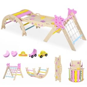 Triángulo Unicornio Gimnasio Interior con Arco Rampa y Escalador Plegable de Madera Montessori para Cuarto Niños Guardería Rosa