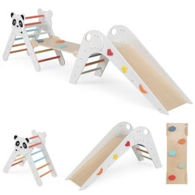 Juguetes Plegables de Escalada para Niños Montessori de Escalada de Madera con Tema de Panda Gimnasio en Interiores con Tobogán Rampa Blanco