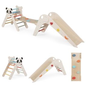 Juguetes Plegables de Escalada para Niños Montessori de Escalada de Madera con Tema de Panda Gimnasio en Interiores con Tobogán Rampa Beige
