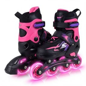 Patines en Línea S Ajustables 4 Tallas con Ruedas Iluminadas Protección Seguridad Principiantes Interior Exterior Negro+Rosa
