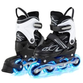 Patines en Línea Ajustables XS con Ruedas Luminosas 4 Tallas Ajustables para Jóvenes Principiantes Interior Exterior Blanco+Negro