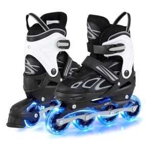 Patines en Línea Ajustables S con Ruedas Luminosas 4 Tallas Ajustables para Jóvenes Principiantes Interior Exterior Blanco+Negro