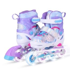 Patines en Línea Niños Niñas 4 Tallas Ajustables Ruedas Luminosas PU 82A ABEC-7 Principiantes Interior Exterior 7-9 Años Morado