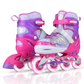 Patines en Línea Niños Niñas 4 Tallas Ajustables Ruedas Luminosas PU 82A ABEC-7 Principiantes Interior Exterior 9-14 Años Rosa