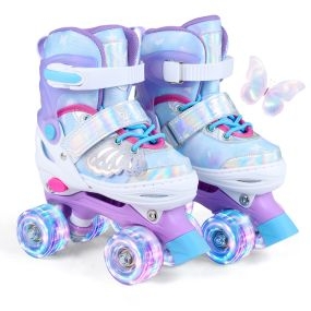 Patines 4 Ruedas Niña Ajustables 4 Tallas con 4 Ruedas Luminosas Triple Protección Diseño Mariposas Interior Exterior 5-7 Años Morado