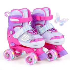 Patines 4 Ruedas Niña Ajustables 4 Tallas con 4 Ruedas Luminosas Triple Protección Diseño Mariposas Interior Exterior 5-7 Años Rosa