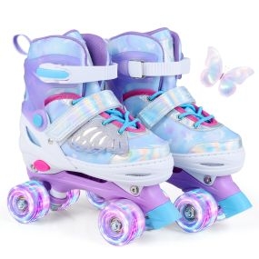 Patines 4 Ruedas Niña Ajustables 4 Tallas con 4 Ruedas Luminosas Triple Protección Diseño Mariposas Interior Exterior 7-9 Años Morado