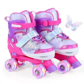 Patines 4 Ruedas Niña Ajustables 4 Tallas con 4 Ruedas Luminosas Triple Protección Diseño Mariposas Interior Exterior 7-9 Años Rosa
