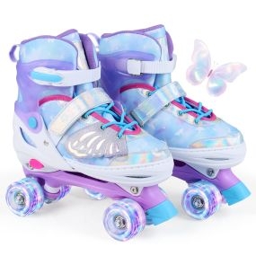 Patines 4 Ruedas Niña Ajustables 4 Tallas con 4 Ruedas Luminosas Triple Protección Diseño Mariposas Interior Exterior 9-14 Años Morado