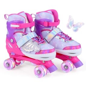 Patines 4 Ruedas Niña Ajustables 4 Tallas con 4 Ruedas Luminosas Triple Protección Diseño Mariposas Interior Exterior 9-14 Años Rosa
