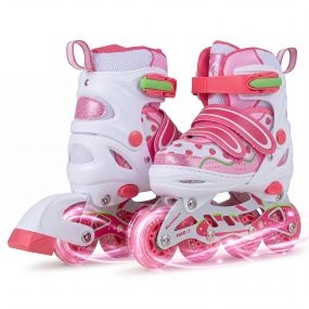 Patines en Línea Talla S para Niños 4 Tallas Ajustables 8 Ruedas Luminosas Freno Protección Seguridad Uso Interior Exterior Rosa